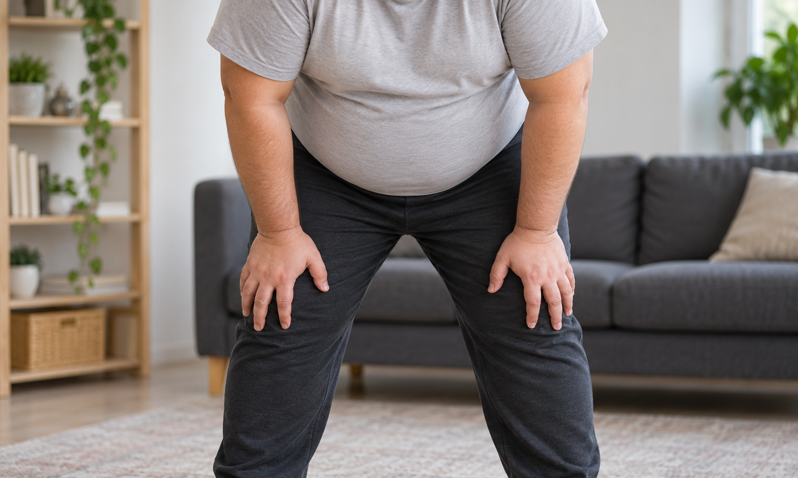 Person leaning forward with hands resting on knees