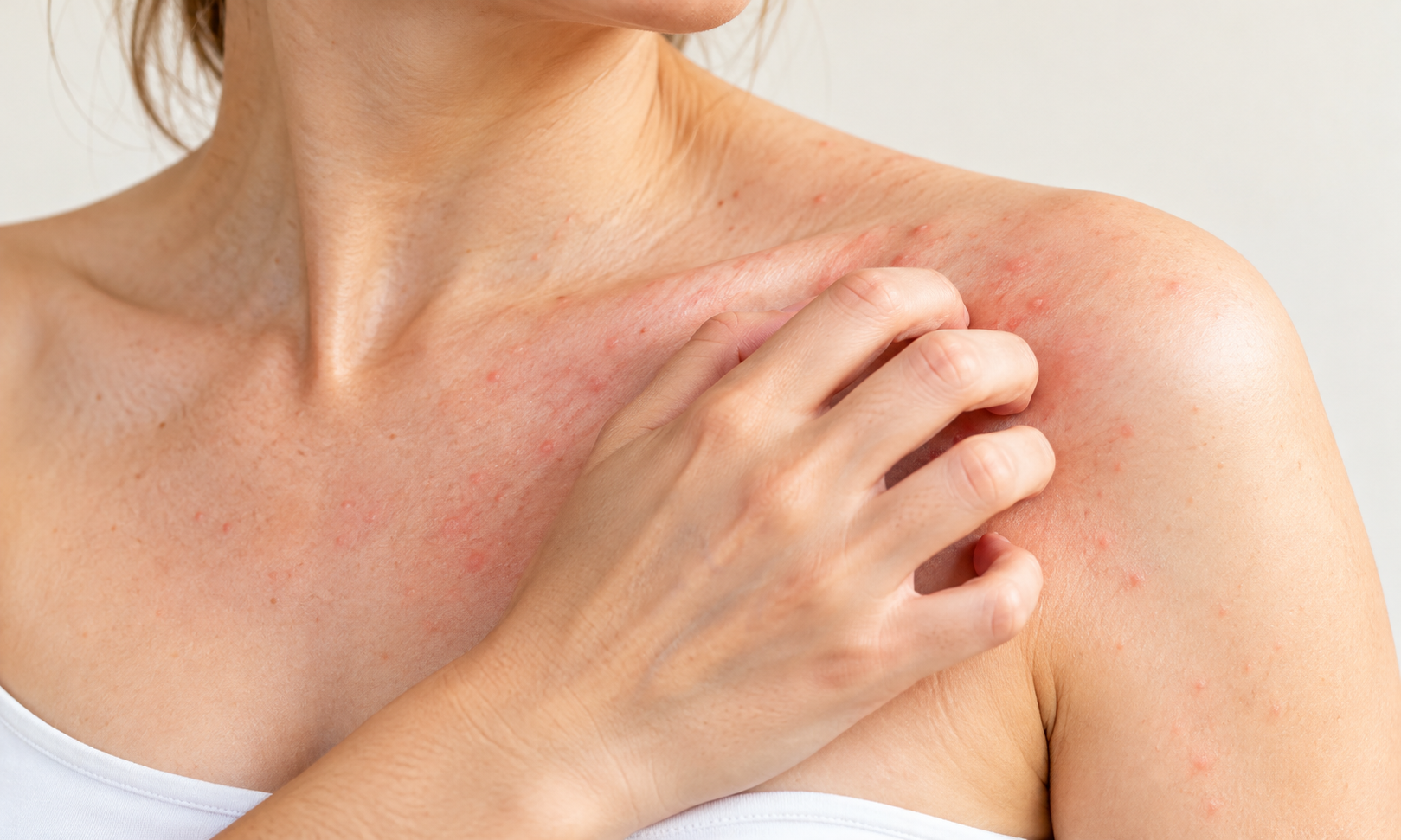 A woman scratching irritated skin on her shoulder