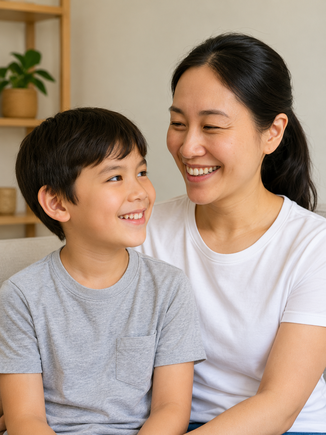 Mother and son smiling together