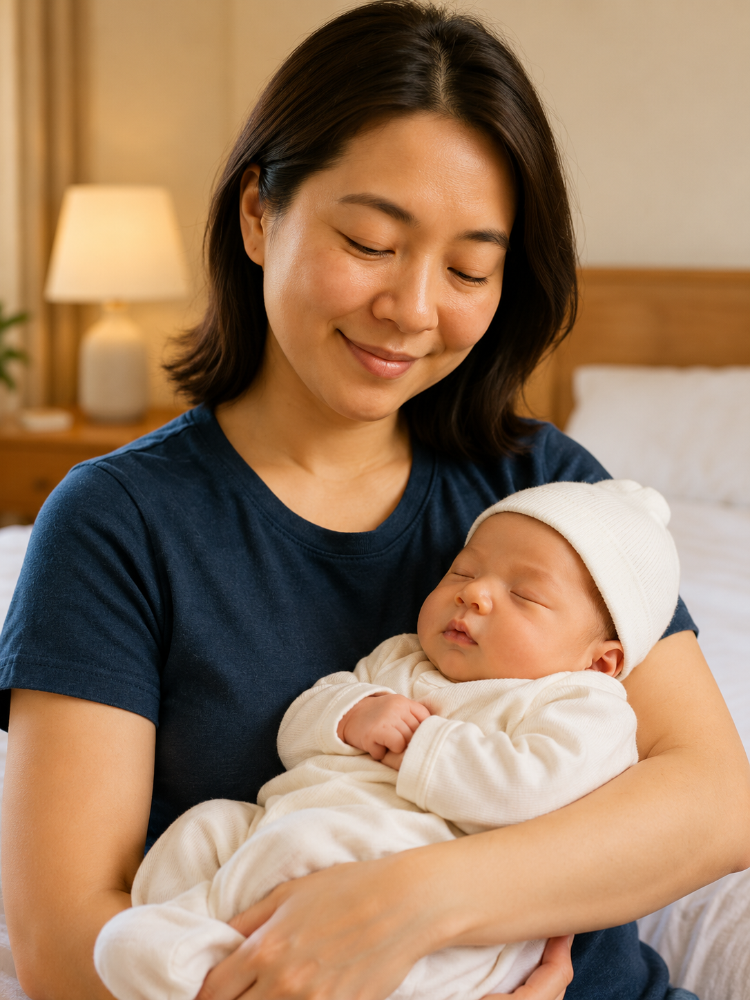 Mother cradling her sleeping newborn