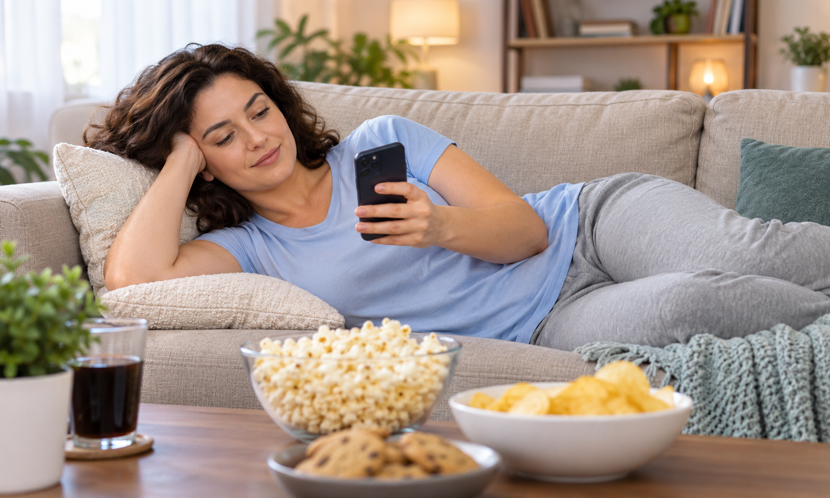 Woman lying on a sofa using her phone