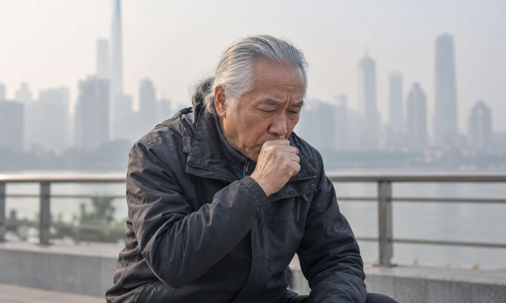 Man coughing with a hazy city in the background