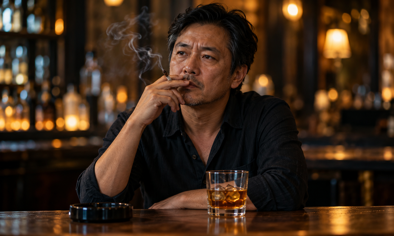 Man smoking with an alcoholic drink