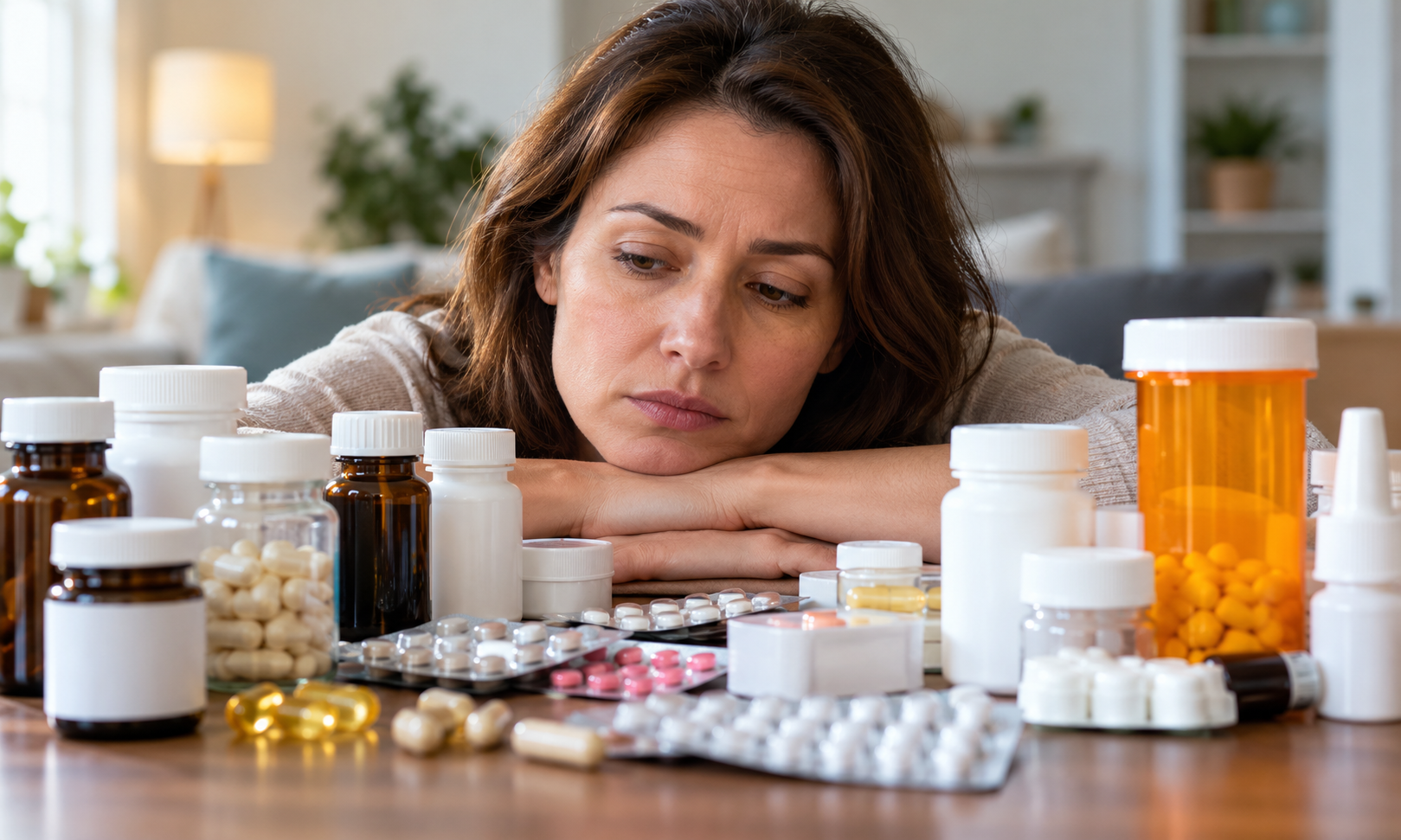 Woman beside medicine bottles and tablets